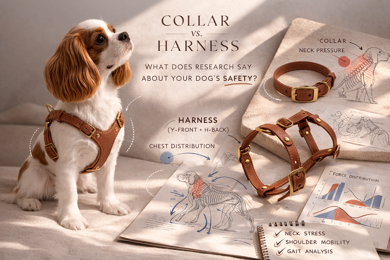 Anatomical dog harness Y-front H-back design on Cavalier King Charles Spaniel