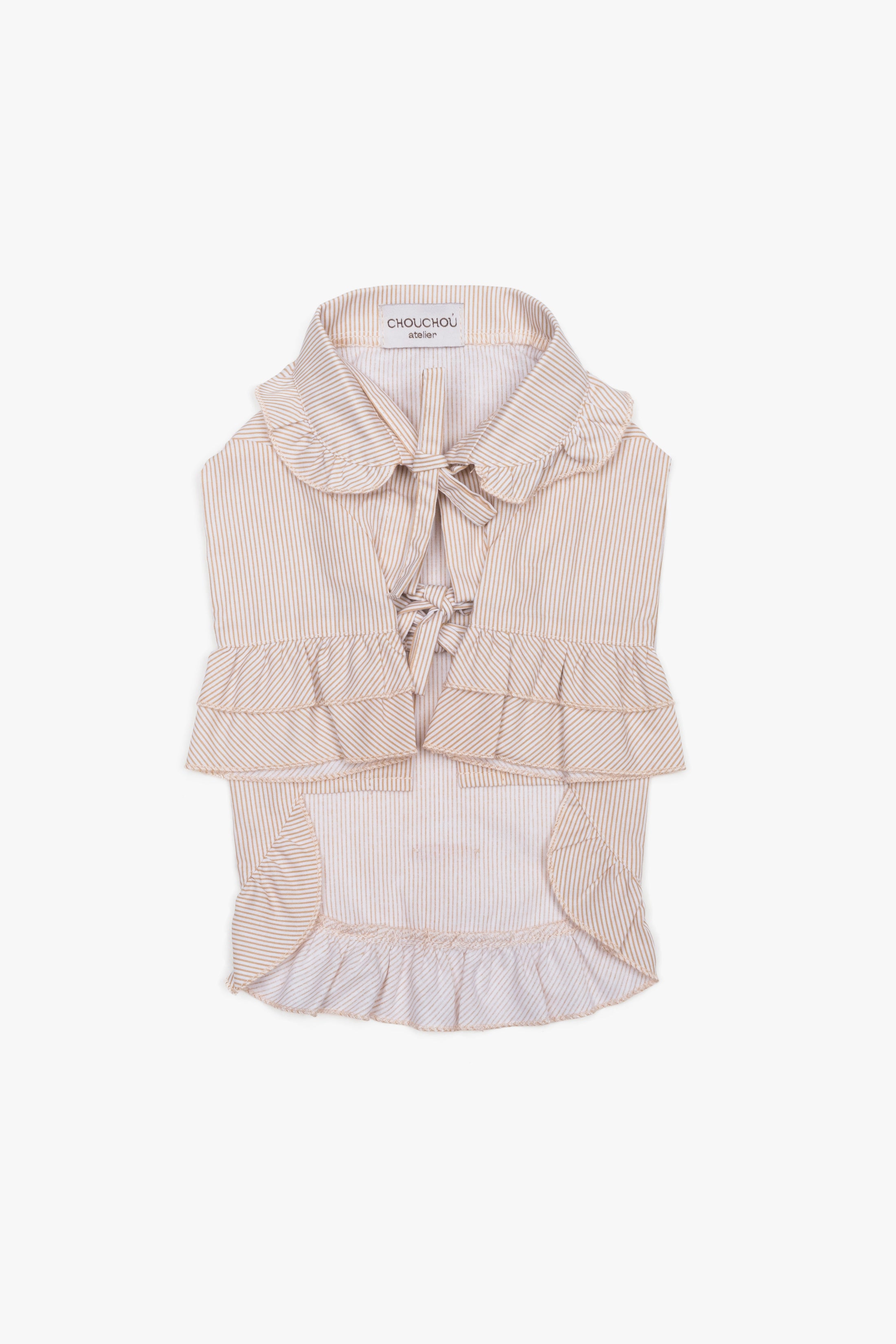 Beige pajama shirt for dogs with pipping & ruffles, CHOUCHOÚ®