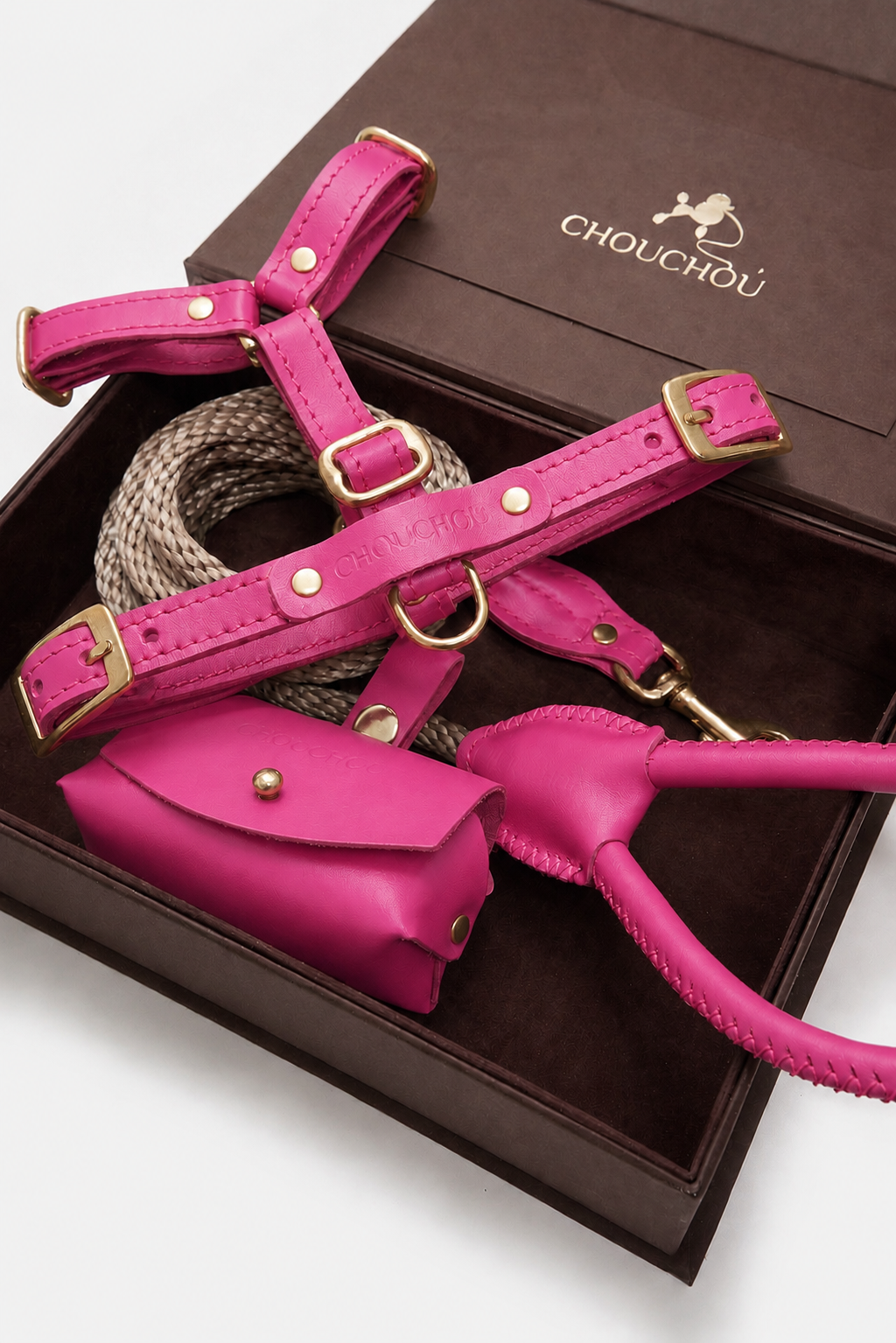 Signature Leather Dog Walking Set — Harness, Leash & Poop Bag Holder