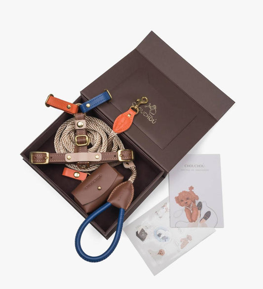 Chromatique Leather Dog Walking Set — Harness, Leash & Poop Bag Holder, Brown | CHOUCHOÚ®