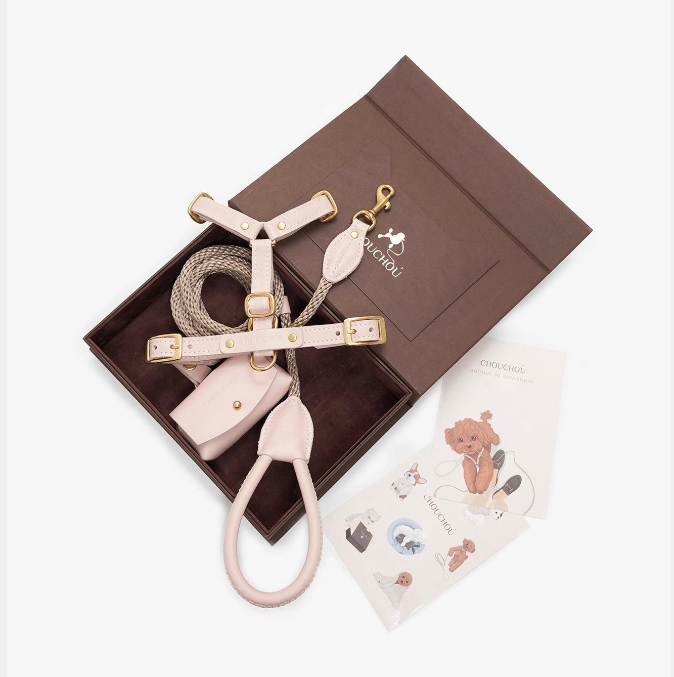 Signature Leather Dog Walking Set — Harness, Leash & Poop Bag Holder, Brown | CHOUCHOÚ®