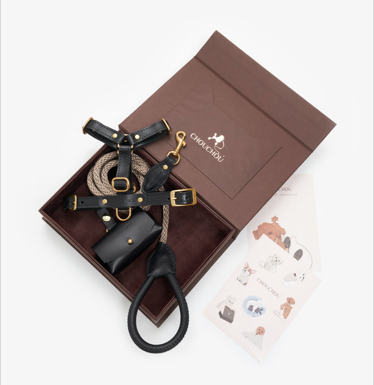 Signature Leather Dog Walking Set — Harness, Leash & Poop Bag Holder, Brown | CHOUCHOÚ®