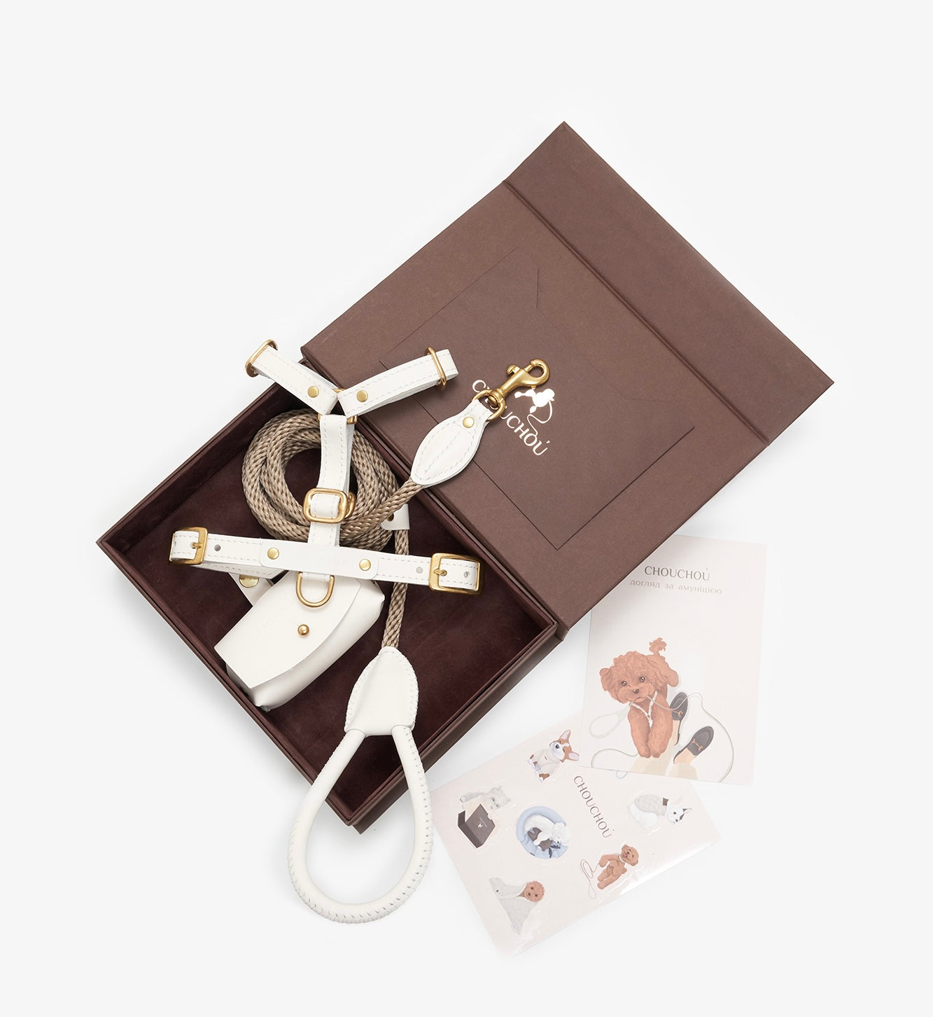 Signature Leather Dog Walking Set — Harness, Leash & Poop Bag Holder, Brown | CHOUCHOÚ®