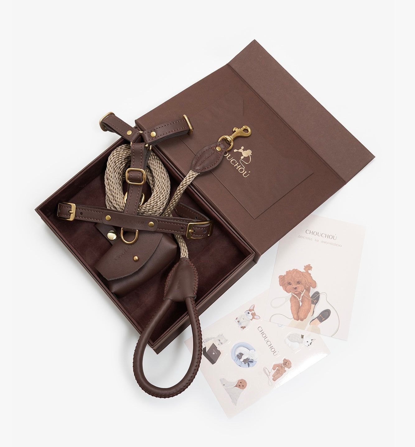 Signature Leather Dog Walking Set — Harness, Leash & Poop Bag Holder, Brown | CHOUCHOÚ®
