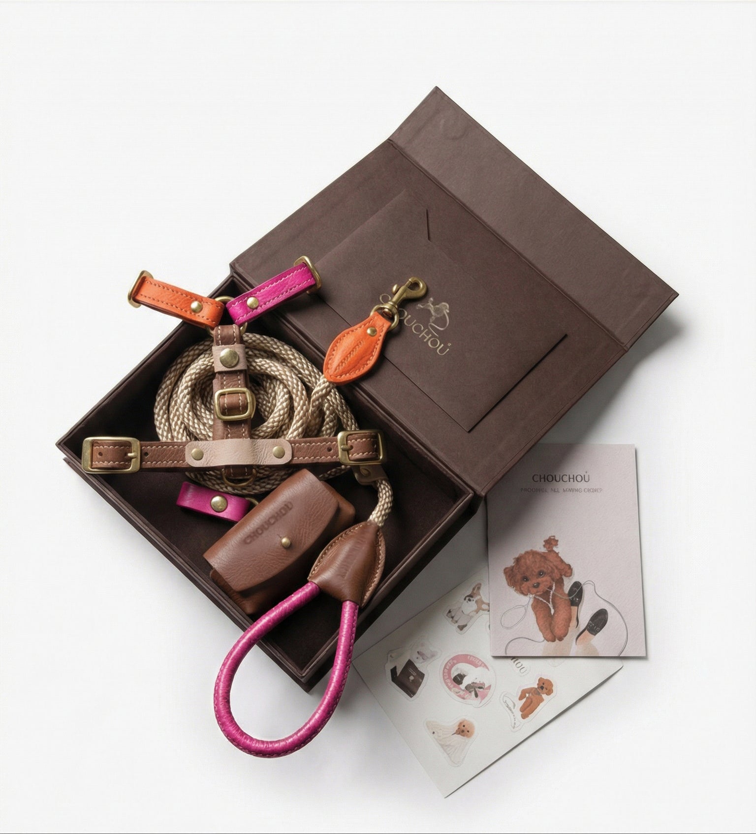 Chromatique Leather Dog Walking Set — Harness, Leash & Poop Bag Holder, Brown | CHOUCHOÚ®